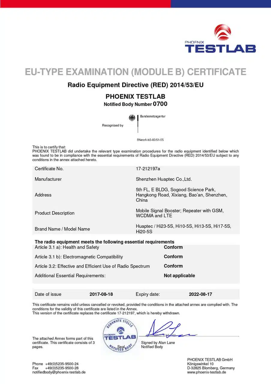 Certificado CE RED dos repetidores de sinal HiBoost