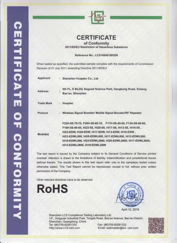 Certificado RoHS dos repetidores de sinal HiBoost